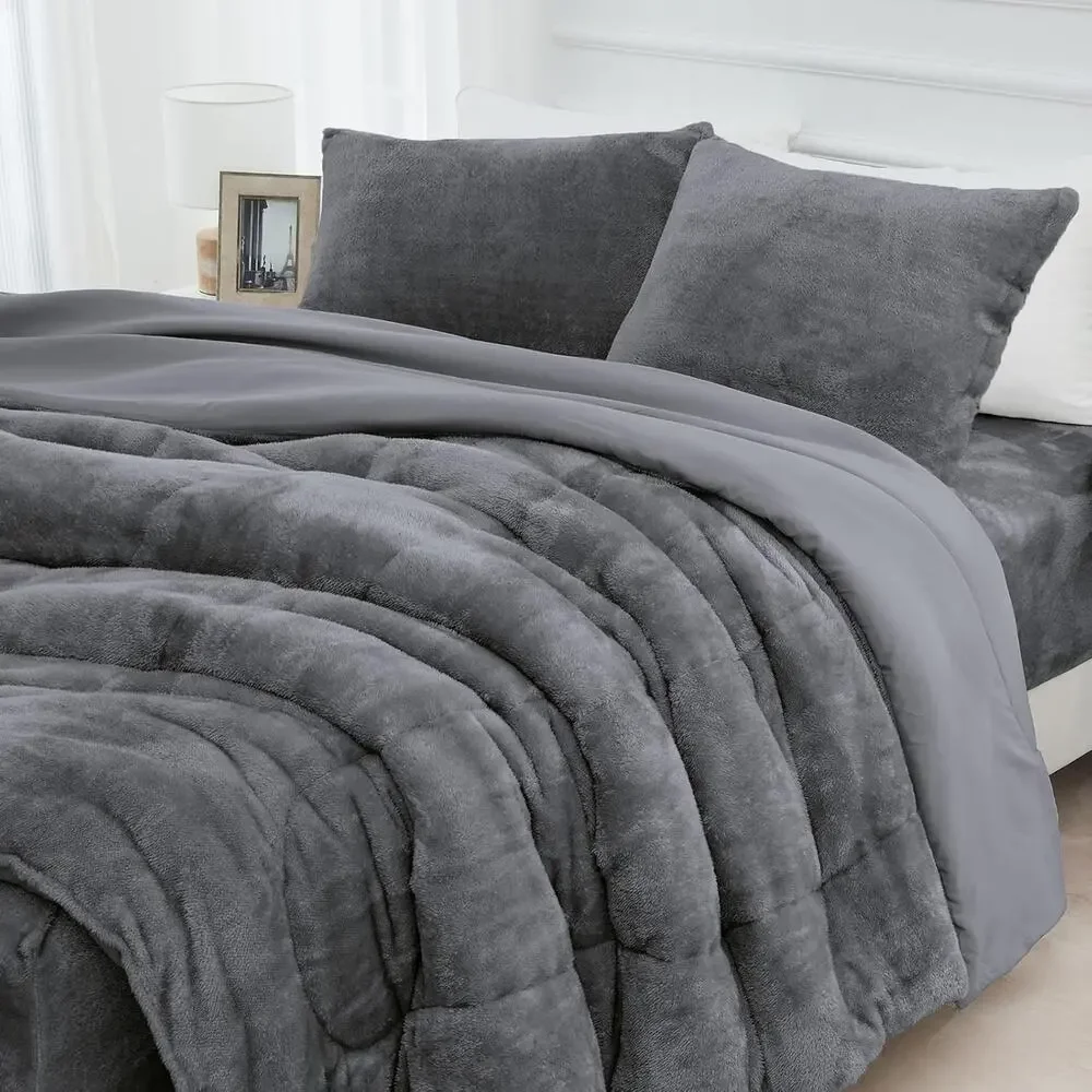 Faux Fur Comforter Set with Fitted Sheet - Luxury Ultra Soft Fluffy Fuzzy Queen - Picture 1 of 6